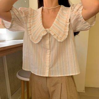 Elbow-sleeve Striped Button-up Blouse
