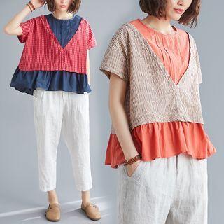 Mock Two-piece Short-sleeve Plaid Blouse