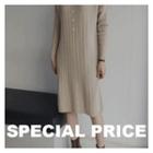 Button-trim Cable-knit Dress Beige - One Size
