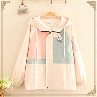 Bear Embroidered Color-block Hooded Jacket
