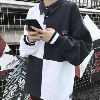 Color-block Long-sleeve Loose-fit Polo-shirt As Figure - One Size