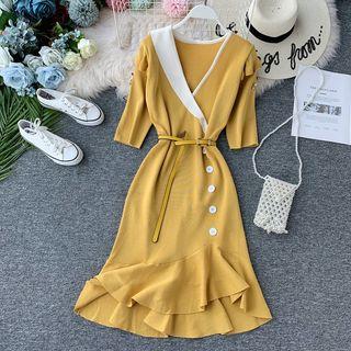 Elbow-sleeve Knit Mermaid Midi Dress