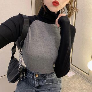 Mock-neck Color-block Long-sleeve Top As Shown In Figure - One Size