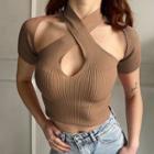 Short Sleeve Cross-strap Cut-out Ribbed-knit Crop Top