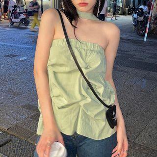 Halter-neck Plaid Camisole Top Green - One Size