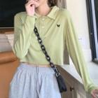 Long-sleeve Butterfly Embroidered Collared T-shirt