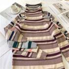 Long-sleeve Turtleneck Stripe Knit Top