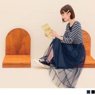 3/4 Sleeve Striped Panel Mesh Mock Two Piece Dress