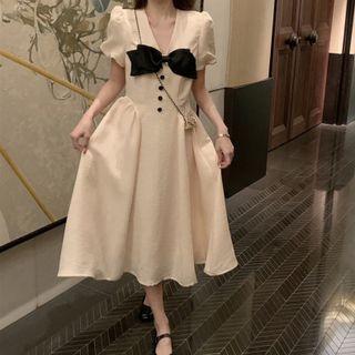 Puff-sleeve V-neck Bow A-line Dress