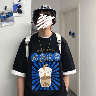 Elbow-sleeve Bubble Tea Print T-shirt