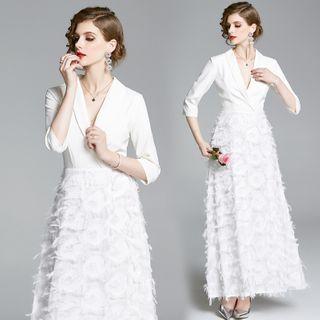 Elbow-sleeve Textured V-neck Maxi A-line Dress