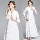 Elbow-sleeve Textured V-neck Maxi A-line Dress