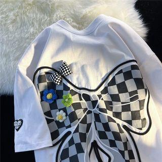 Elbow-sleeve Plaid Ribbon T-shirt
