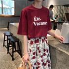 Elbow-sleeve Lettering T-shirt / Midi Floral A-line Skirt