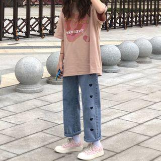 High-waist Washed Embroider Straight-cut Jeans