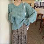 Asymmetric Crewneck Long-sleeve Sweater / Floral High-waist Skirt