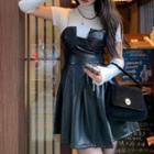 Knit Top With Arm Sleeves / Spaghetti Strap Mini A-line Dress