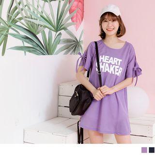Lace-up Cuff Letter Print Long T-shirt