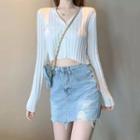 Long-sleeve Buttoned Knit Crop Top / Fitted Frayed Mini Denim Skirt