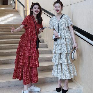 Heart Print Short-sleeve Tiered A-line Midi Dress
