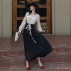 Long-sleeve Square-neck Top / Midi A-line Skirt / Set