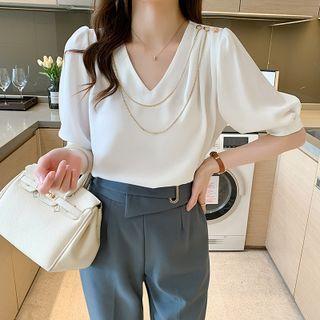 Puff-sleeve Chained V-neck Blouse