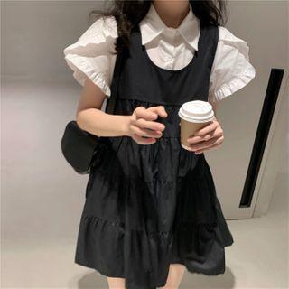 Short-sleeve Ruffle Shirt / Mini Overall Dress