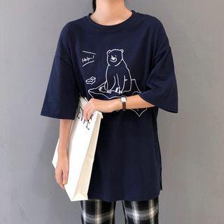 Cartoon Print 3/4-sleeve T-shirt / Cropped Plaid Pants