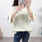 Elbow-sleeve Plain Knit Sweater