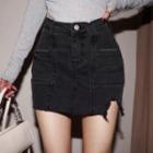 High-waist Distressed Trim Denim Mini Skirt