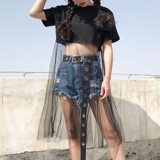 Short-sleeve Mesh Panel Long Top Black - One Size