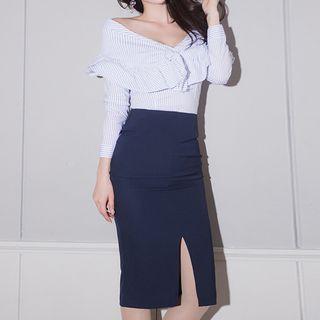 Set : Ruffle Off-shoulder Long-sleeve Top + Midi Skirt
