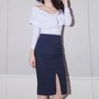 Set : Ruffle Off-shoulder Long-sleeve Top + Midi Skirt