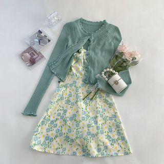 Lettuce Edge Cardigan / Spaghetti-strap Floral Mini A-line Dress