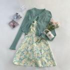 Lettuce Edge Cardigan / Spaghetti-strap Floral Mini A-line Dress