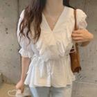 V Neck Plain Tie-waist Puff Short Sleeve Shirt