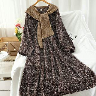 Set: Floral Print Long-sleeve Midi A-line Dress + Knit Shawl