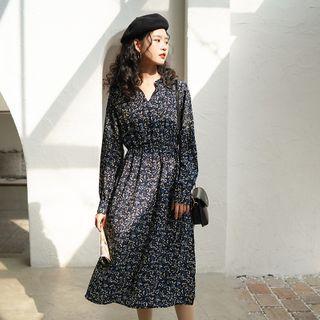 Floral Long-sleeve Midi A-line Chiffon Dress Blue - One Size