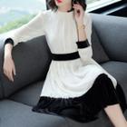 Long-sleeve Midi Chiffon Color Block Dress