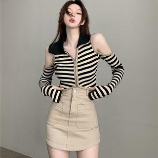 Long-sleeve Cold Shoulder Striped Zip Knit Crop Top