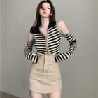 Long-sleeve Cold Shoulder Striped Zip Knit Crop Top