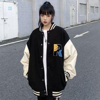 Long Sleeve Contrast Line Print Embroidered Baseball Jacket