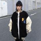 Long Sleeve Contrast Line Print Embroidered Baseball Jacket