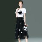 Set: Short-sleeve Swan T-shirt + Embroidered A-line Mesh Skirt