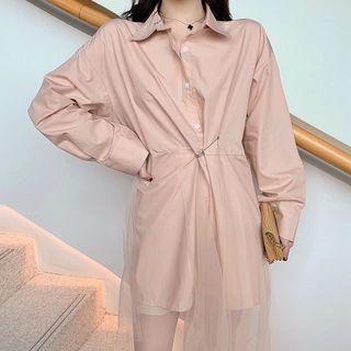 Long-sleeve Crinkled Mesh Paneled Dress Peach Pink - One Size