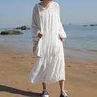 Long-sleeve Midi Chiffon Dress White - One Size