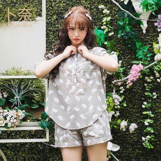 Loungewear Set: Elephant Print Short-sleeve Shirt + Shorts