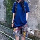 Elbow-sleeve Plain T-shirt / Printed Wide-leg Shorts / Set