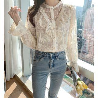 Long-sleeve Mesh Panel Lace Blouse