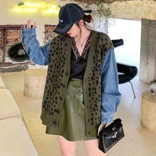 Denim Panel Leopard Print Buttoned Jacket